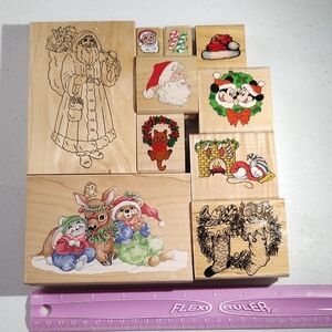 10 Wood Mounted Rubber Christmas Stamps